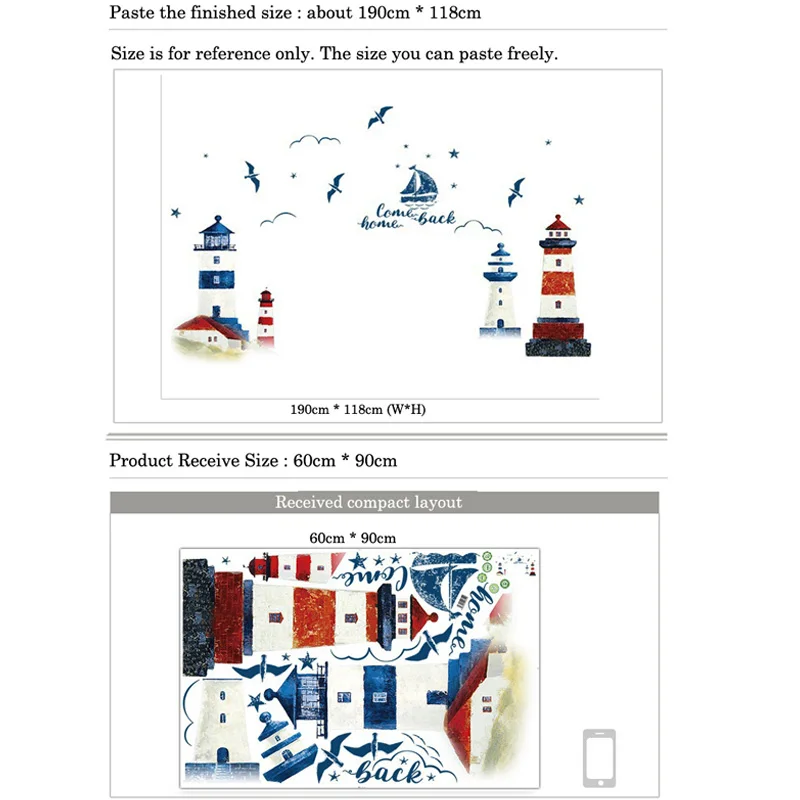 

Sea sailboat Lighthouse Wall Stickers Background decoration bedroom living room TV sofa Mural Wallpaper Art Decals sticker