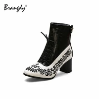 brangdy women martin boots pu leather splicing stone pattern women ankle boots round toe women winter shoes zipper square heel