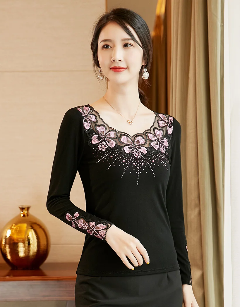 Blusas mujer de moda, Осенние сетчатые топы с длинными рукавами и вышивкой, модная Повседневная Блузка с бриллиантами, рубашка, большие размеры