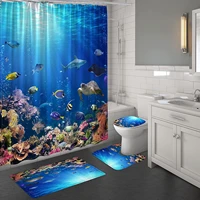 tropical ocean shower curtain bathroom mat set blue underwater seascape of coral reef and fish sea turtle and shark toilet cover