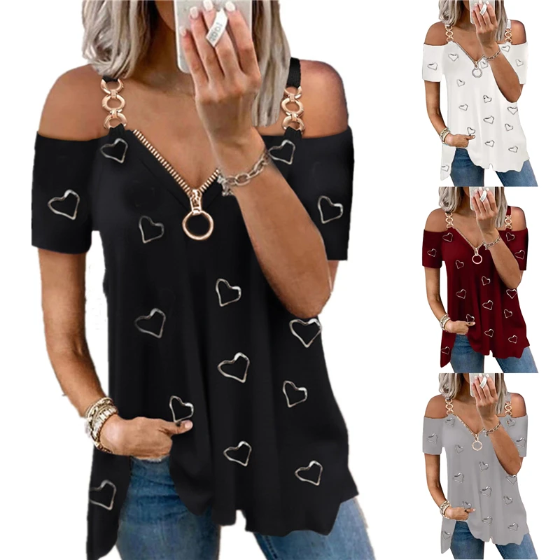 

Футболка женская с коротким рукавом, модный пикантный Повседневный Свободный пуловер на бретельках, топ с принтом и V-образным вырезом, на м...