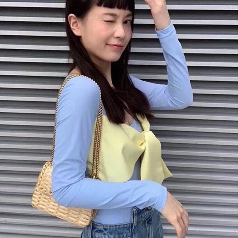

Bow Contrasting Color Long-Sleeved T-shirt Slim Fit Bottoming Shirt Top for women