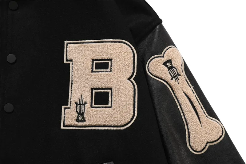 

Hip Hop Baseball Jacket Men Furry Bone Letter Patch Color Leather Sleeve College Style Streetwear Harajuku Bomber Jacket Coat