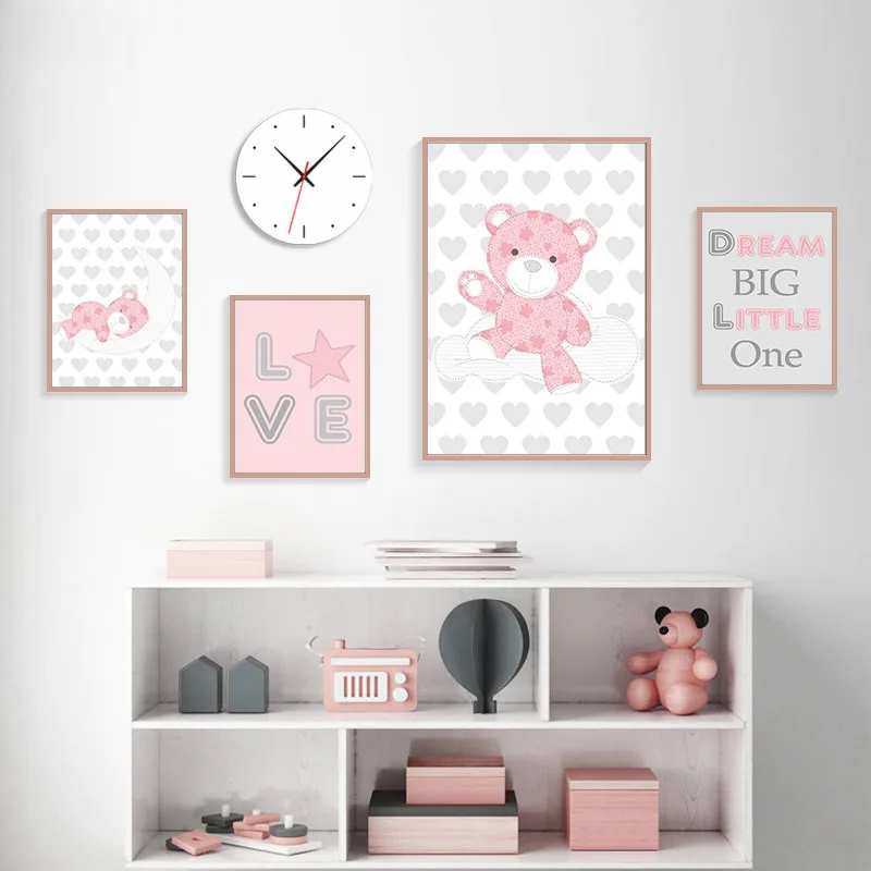 

Dream Big Baby Nursery Wall Art Canvas Painting Pink Bear Cartoon Posters Prints Nordic Kids Decoration Pictures Bedroom Decor