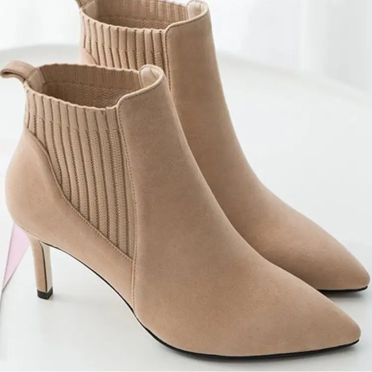 

Женские ботинки, короткие ботильоны, зимние ботинки из флока с острым носком на тонком каблуке 7 см, женские шерстяные эластичные ботинки-ма...