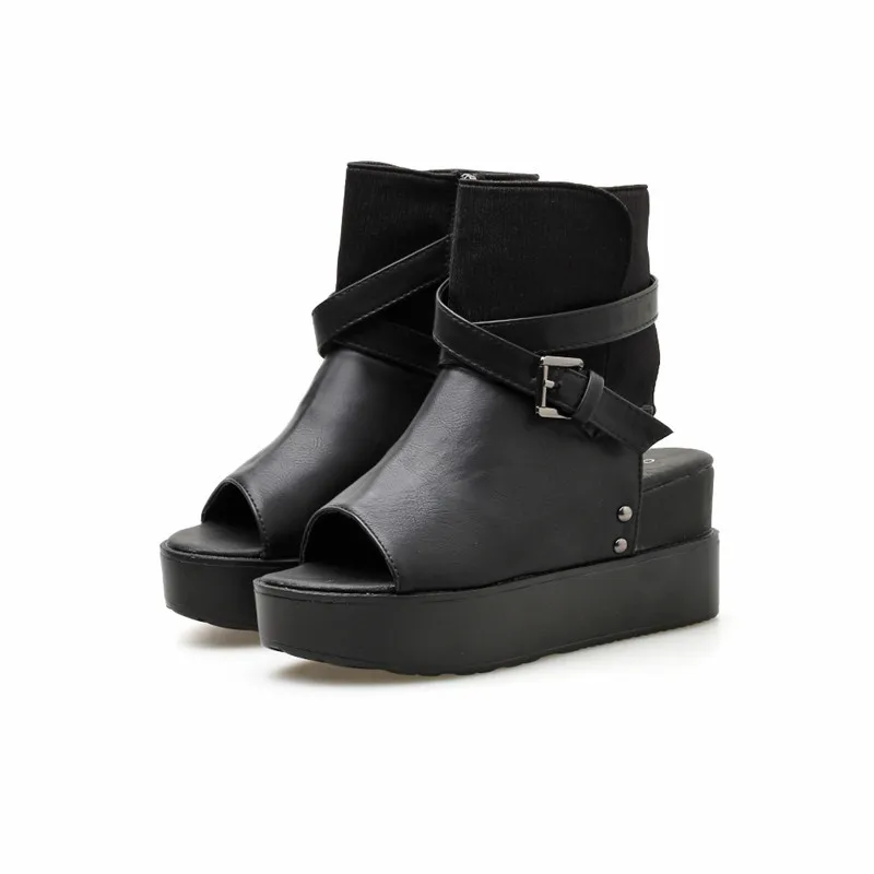 Женские сетчатые ботильоны YMECHIC черные на платформе с открытым носком и ремешком