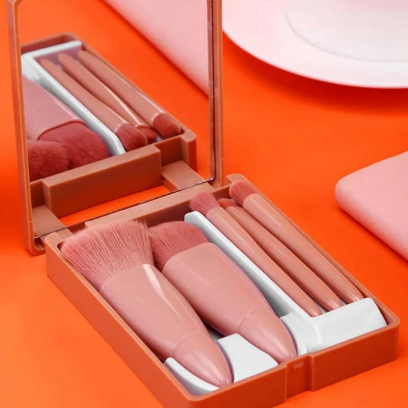 

5 Pcs Portable Makeup Brush (with 5 Pieces) with Makeup Mirror Suitable for Travel Cute Pink Makeup Brush Set Beauty Tools Set