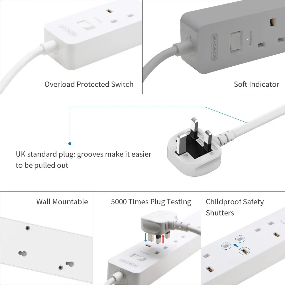 Удлинитель NTONPOWER с 3 розетками переменного тока и 2 USB-портами 1 5 м | Электроника