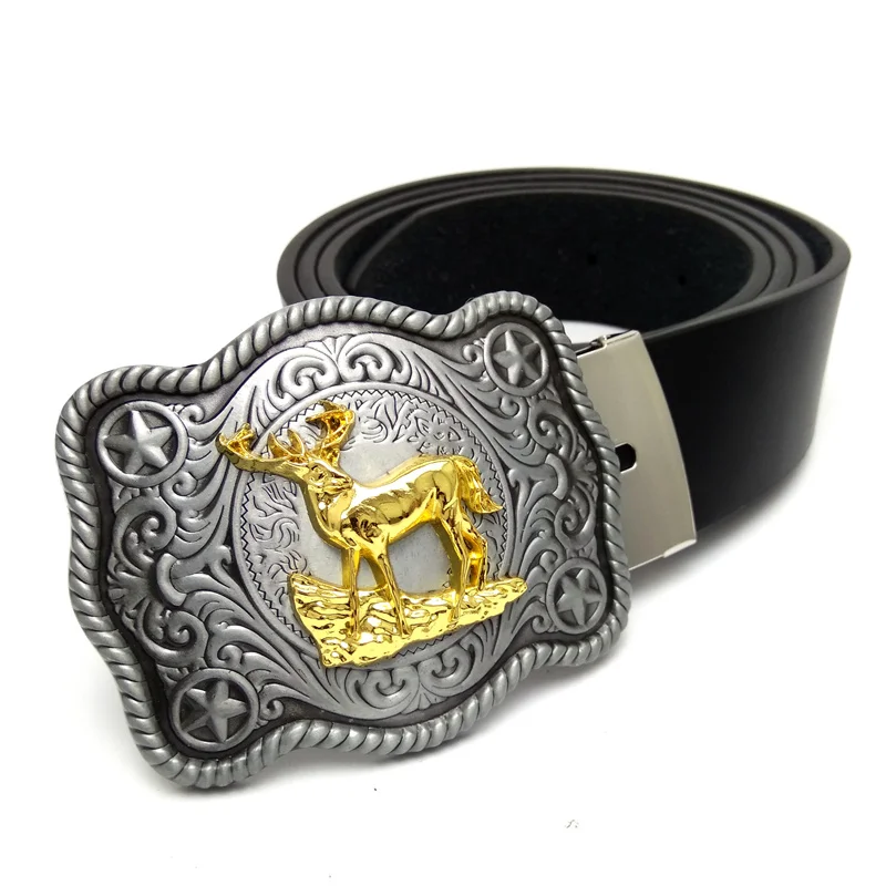 New Western Cowboy Belts for Men Big Buckles Belt Gold Sika Deer Buckle Metal Cowgirl Black PU Leather Belt for Male Jeans Cinto