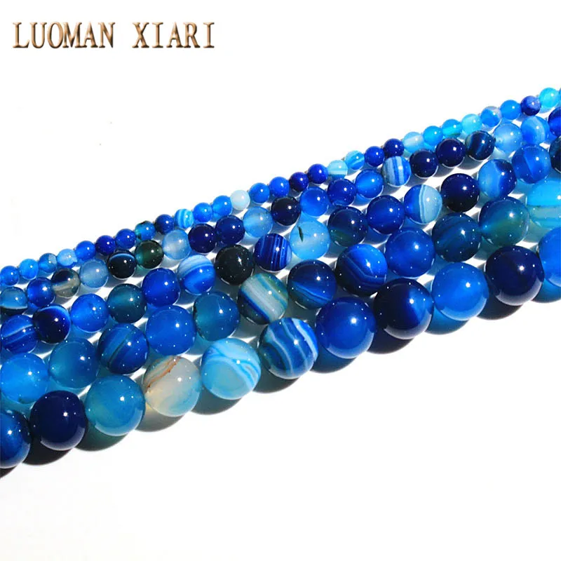 Blue stripe agate Прекрасный AAA натуральный камень Бусины тигровый глаз агат Lapis розовый кварц аметист для самостоятельного изготовления ювелирных изделий ожерелье браслет 4-12 мм - Цвет: Blue stripe agate