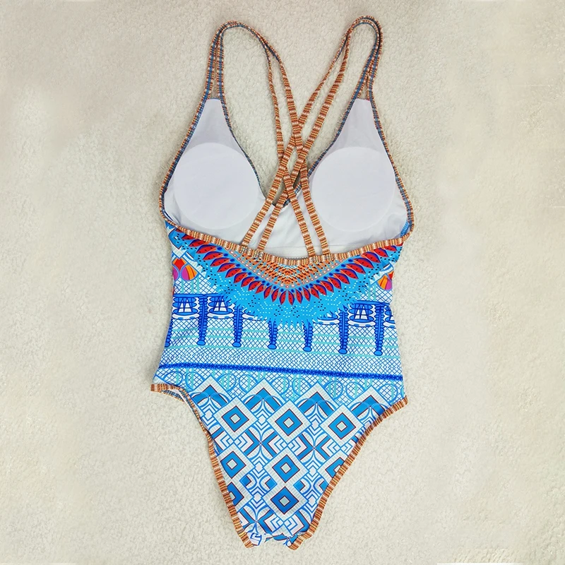 

2021 Bohemian Swimming One Piece Women Playsuits Backless Bodysuits Sexy Chic Print Ethnic Style Beachwear Blue Female Beach