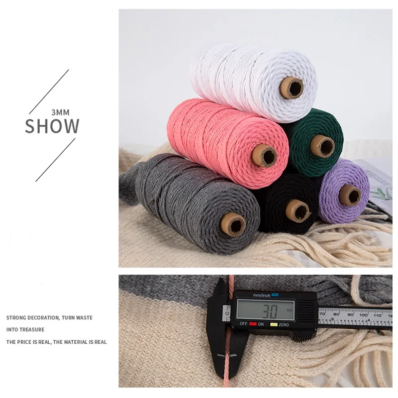3mm Macrame Cord Solid Color Cotton Natural Thread Handmade Craft Accessories DIY Basketry Braids Knitting Making Plant Hangers | Дом и сад