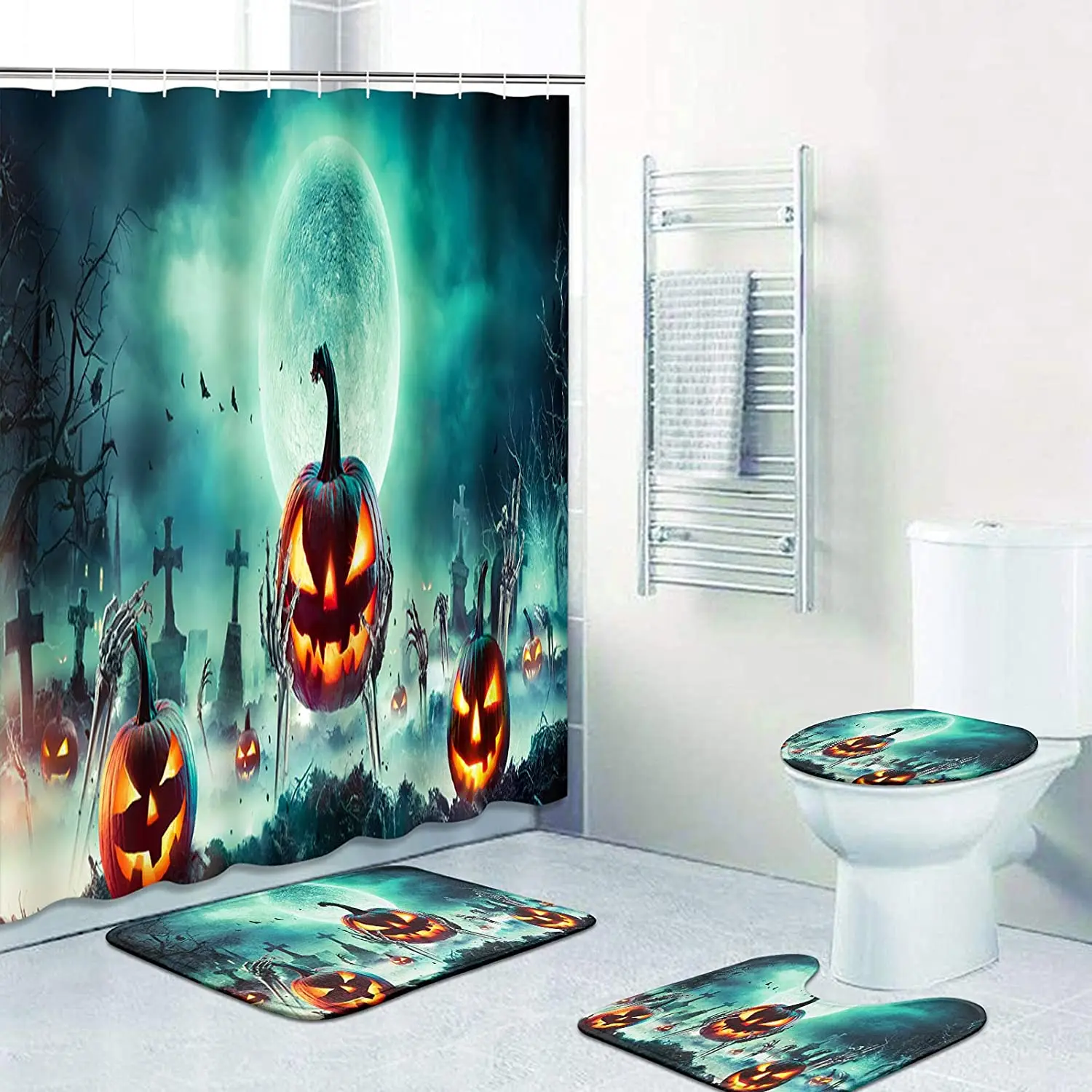 

Halloween Pumpkin Print Shower Curtain Set Carpet Cover Toilet Cover Bath Mat Pad Set Bathroom Curtain With 12 Hooks Home