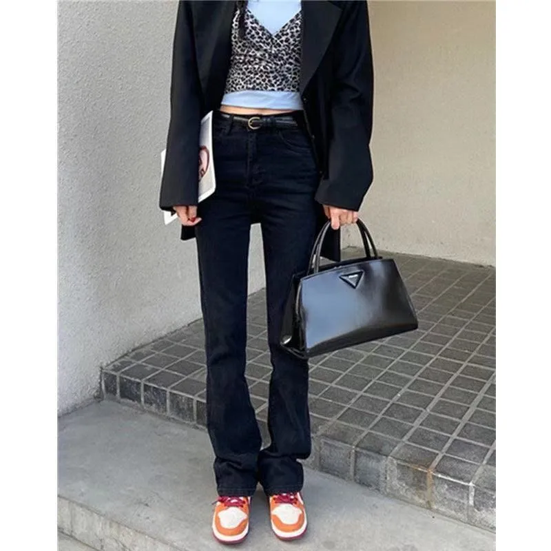 

Pluse Size 4xl Women's High Waist Black Mirco Flare Jeans Spring Autumn Krean Style Slim Straight Boot Cut Denim Pants