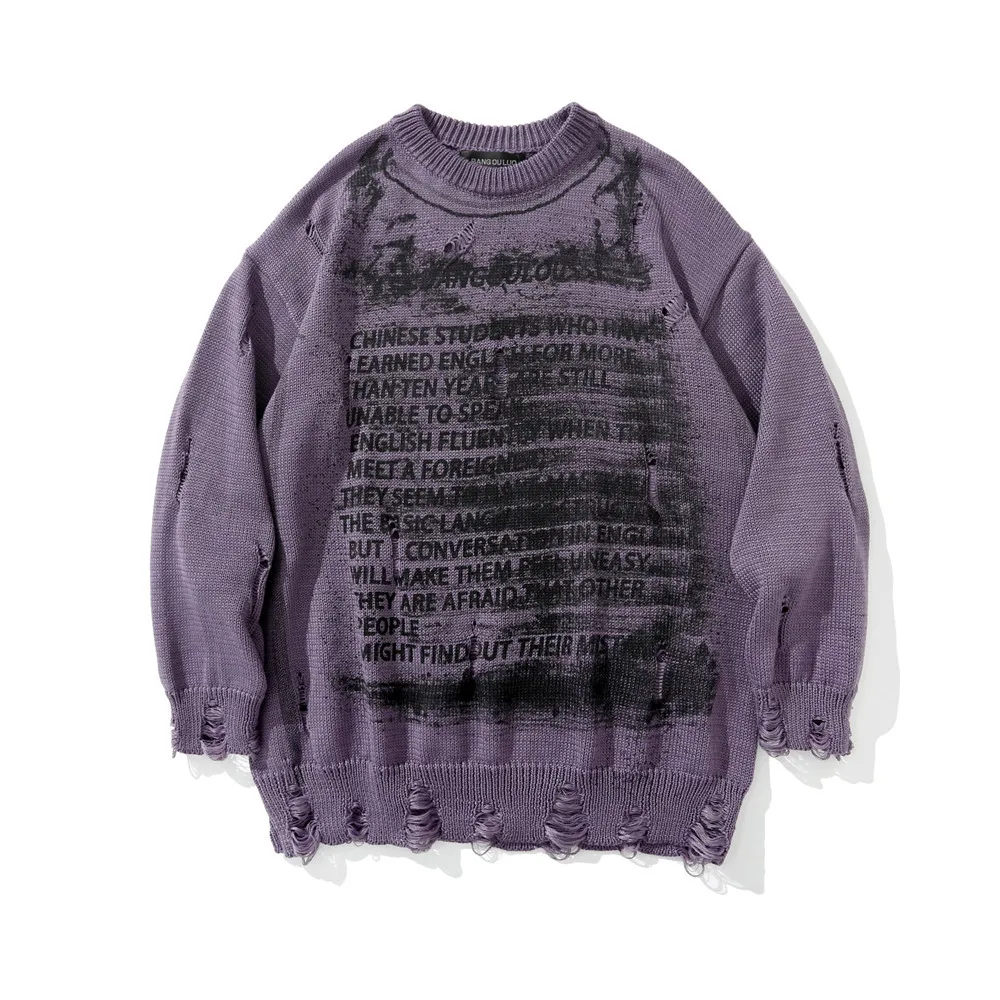 

Eukaaru Letter Printed Ripped Sweater Men High Street Mens Oversized Knitted Sweater Loose Round Neck Pullover Black Sweaters