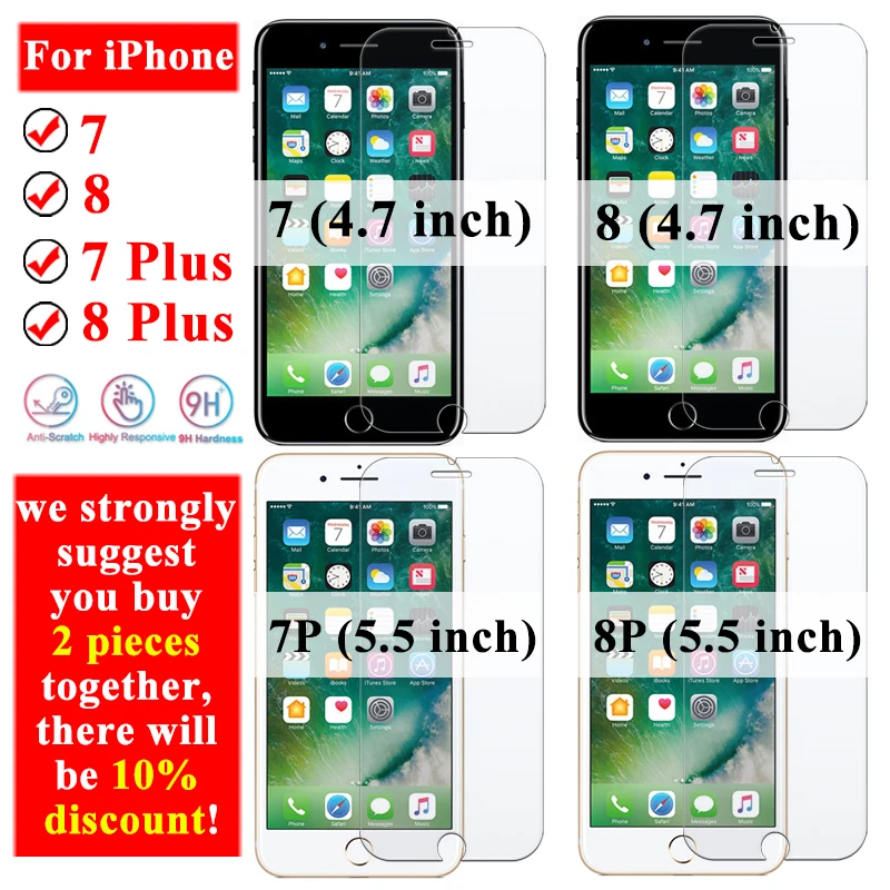2 шт протектор экрана для iPhone 7 iPhone7 7Plus закаленное стекло 8 Plus iPhone8 8 Plus бронированная защита iPone 7P 8 P Tremp Glas i