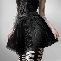 gothic black lace trim floral print mini skirt for women aesthetic a line high waist skirt vintage pleated skirt shorts summer