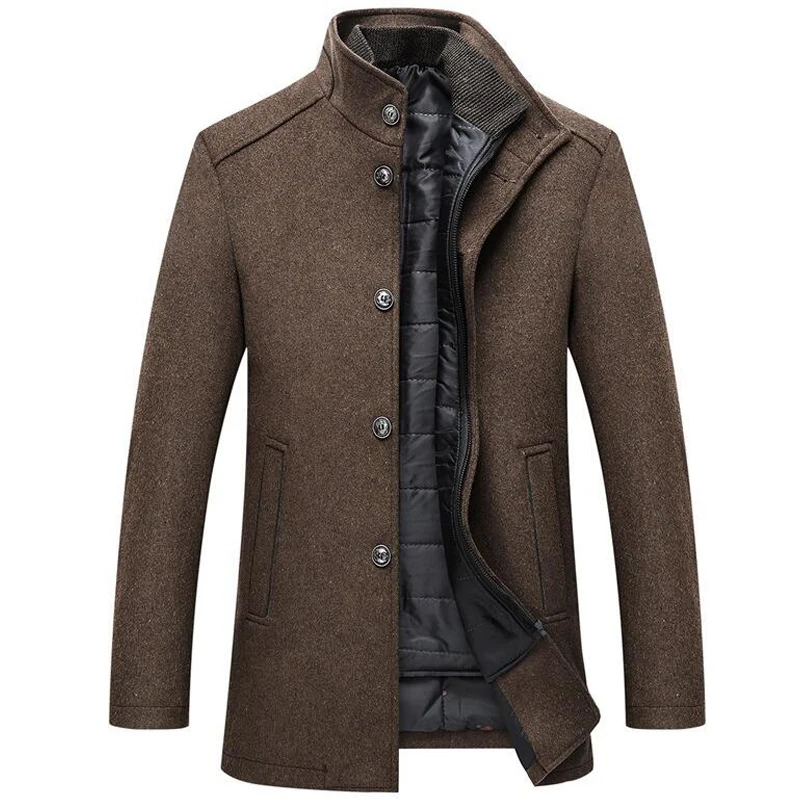Woolen Coat Men Winter Windbreaker Long Thick Wool Jackets abrigo hombre Man Stand Collar Single Breasted With Vest Woolen Coats