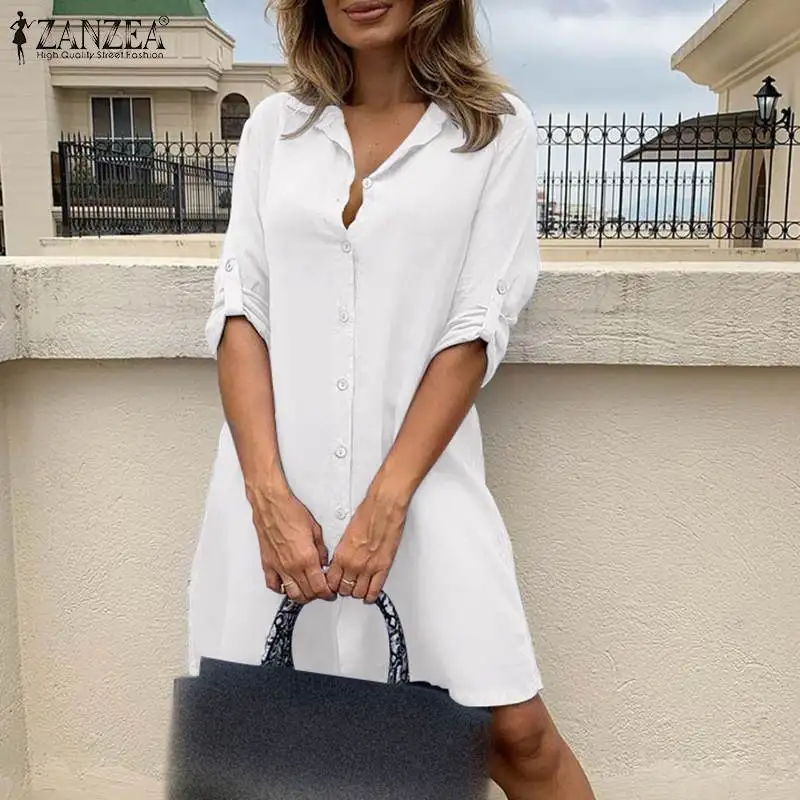 

Women Lapel 3/4 Sleeve Work Sundress 2021 Summer Solid Cotton Shirt Dress ZANZEA Button Vestido Elegant Office Kaftan Loose Robe