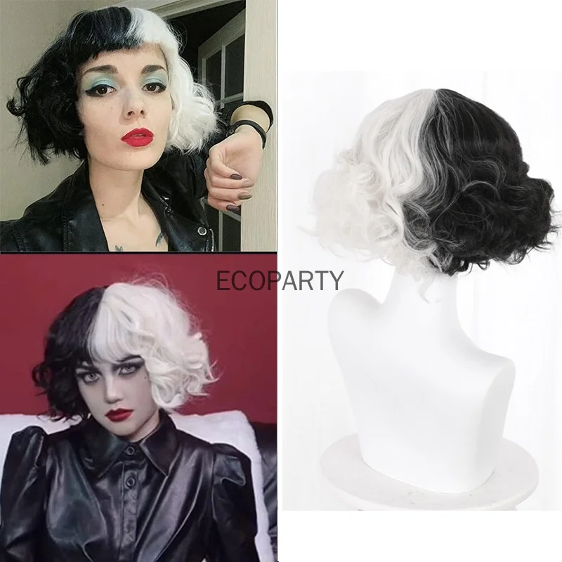 

41 disfraz Halloween Cosplay Cruella De Vil Kuila Half Black Half A Hundred Small Short Curly Cos Wig Wig Caps for Making Wigs