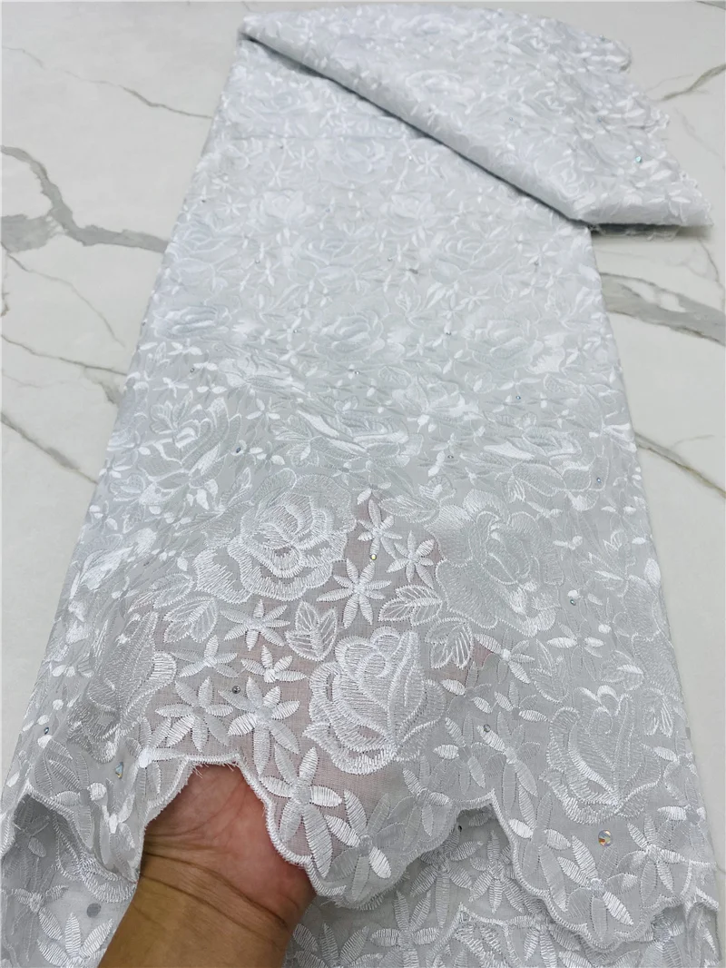 

PGC African Cotton White Lace Fabric With Stones Embroidery Nigerian Lace Fabrics Swiss Voile Lace In Switzerland YA4486B-3