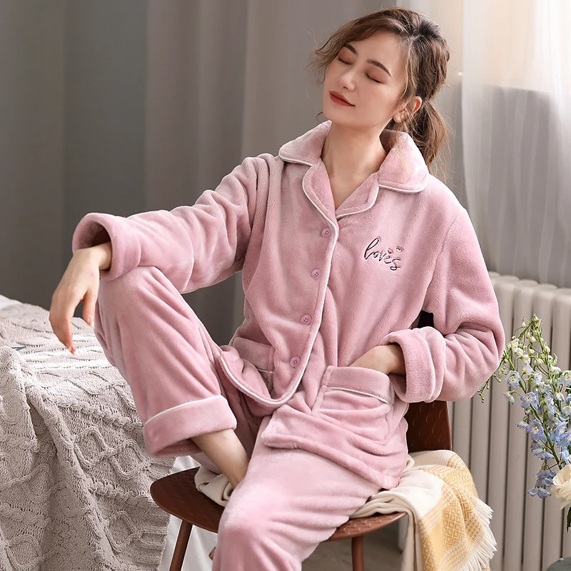 

Winter Pajamas Set Women Sleepwear Turn-down Collar Flannel Pajamas Set Warm Pijama Homewear