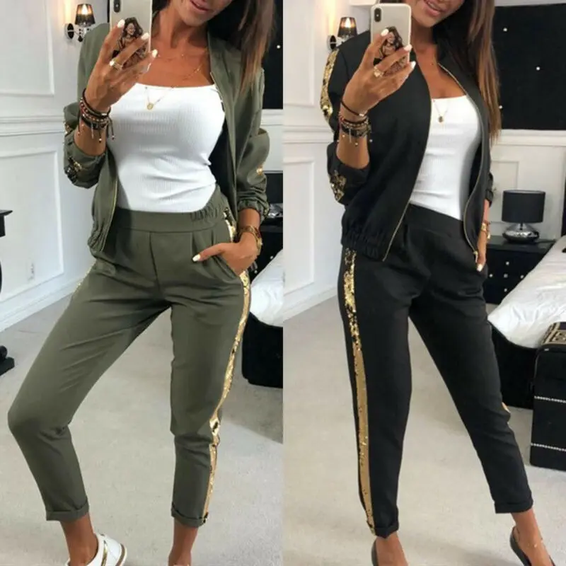 Женский спортивный костюм из 2 предметов комплект модной одежды с блестками на