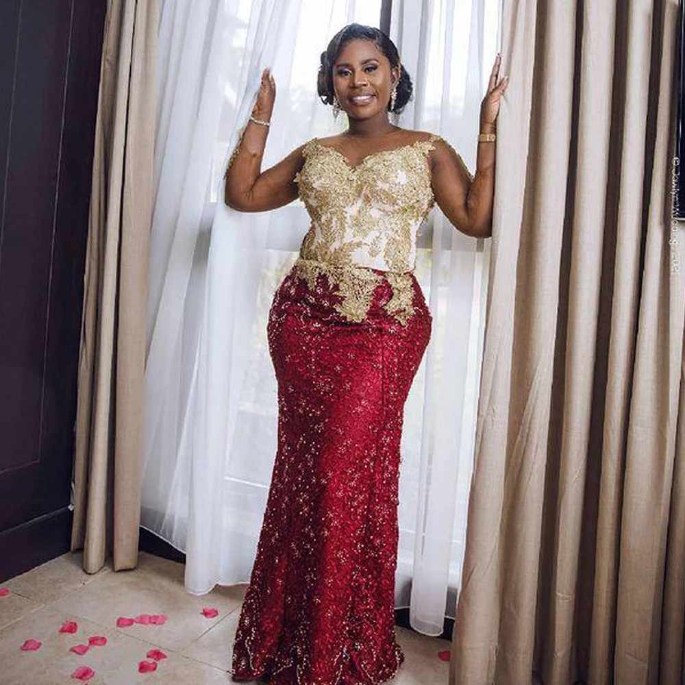 

2021 Plus Size Arabic Aso Ebi Luxurious Burgundy Mermaid Prom Dresses Lace Beaded Sheer Neck Evening Formal Party Second Recepti