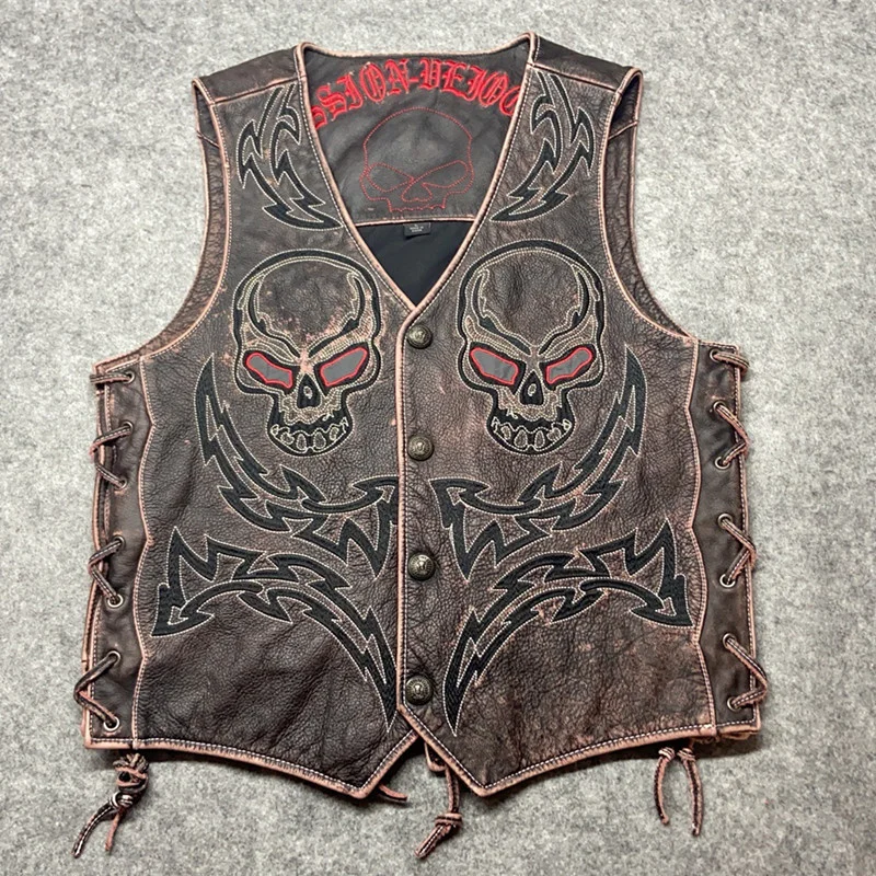 

Man Cowhide Vintage Jacket Genuine Leather Thick Leather Motorcycle Vest Locomotive Enthusiasts New Skull Embroidery