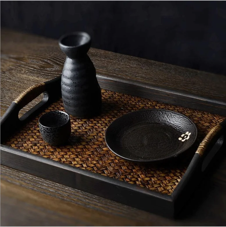 

Creative Wooden Woven Tray Thai Rattan Beauty Salon Tray Hotel Rectangular Water Cup Tea Tray Fruit Plate For Dinner Plates