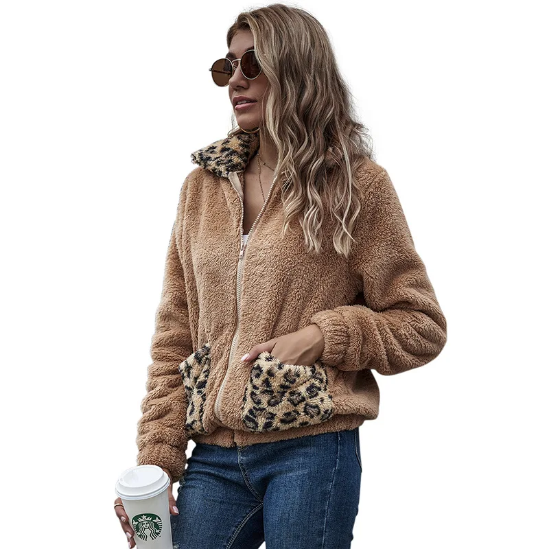 

Lambs Leopard Stitched Zipper Turn-Down Collar Polyester Woman Jacket Winter 2020
