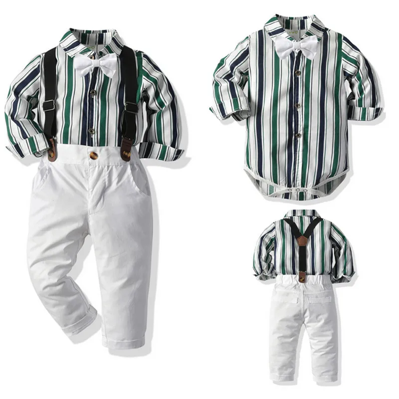 

Christmas 2021 Baby Boys Gentleman Suits Bowknot Lapel Long Sleeve Romper Shirt Top Suspender Pant Outfits Children Clothes