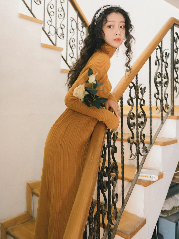 2019 Новая мода Женская одежда вязаный свитер платье платья зимнее платье|Женские