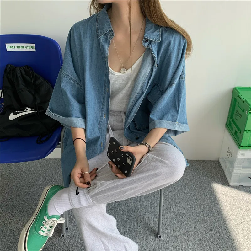 

Hzirip Denim Shirt For Women 2021 Autumn Fashion Female Blouse Half Sleeve Loose All-Match High Quality Casual Leisure Tops