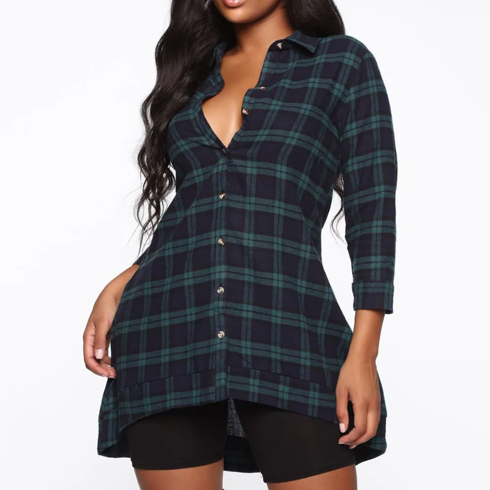 Повседневная Зеленая клетчатая блузка женские асимметричные топы большие