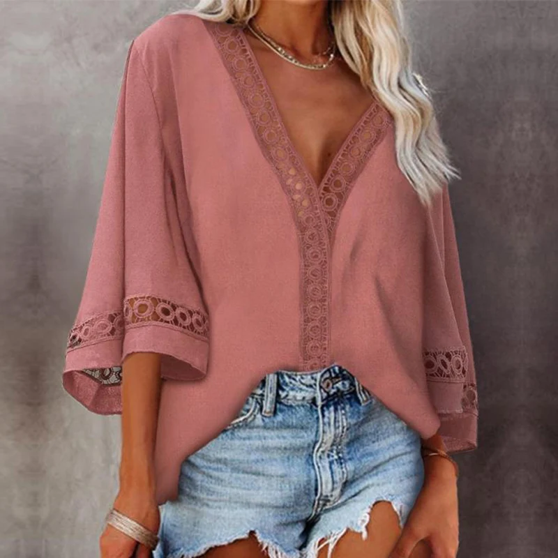 

New Summer Women Blouses Tops Tees Plus Sizes Crotchet Boho Ruffles Elegant Lady Sexy Lace Casual Embellished Shirts