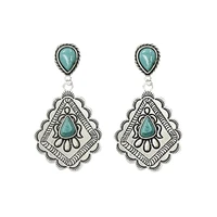 vintage tibetan turquoise metal drop dangle earrings for women bohemian jewelry thai silver color carved flower earrings