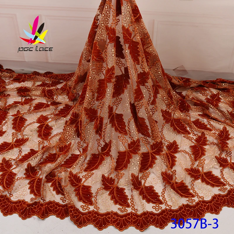Velvet Lace Embroidery African Lace Fabric Burnt Orange Elegant French Nigerian Latest Design Style High Quality With Stone