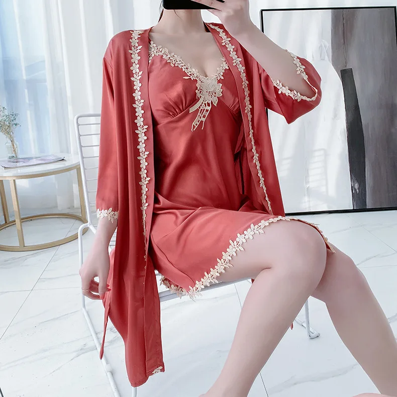 

2PCS Sleepwear Women Kimono Robe Set Satin Nightwear Casual Lace Bathrobe Gown Summer Sexy Intimate Lingerie Loose Sleep Suit