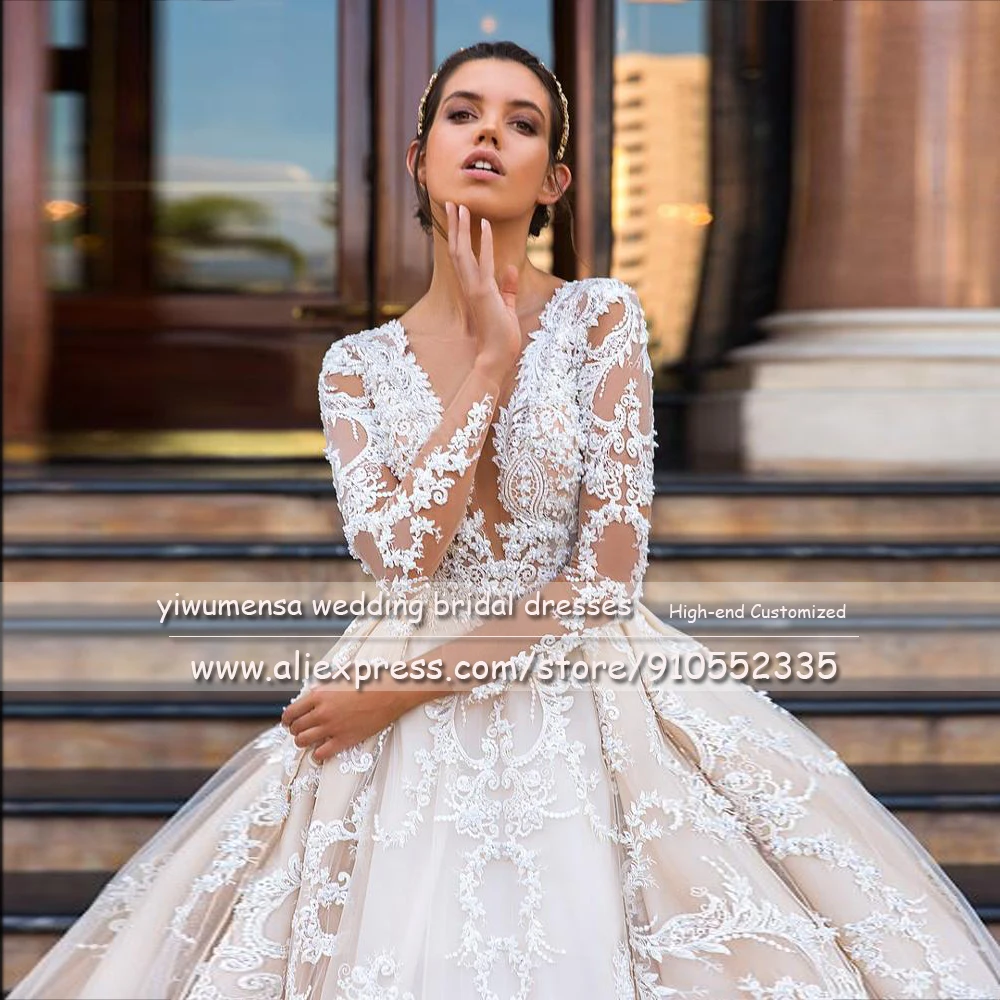 Kopen Luxe Applicaties Parels Prinses Kant Een Lijn Bruidsjurk Lange Mouwen Champagnes V-hals Trouwjurk Robe De Mariee Trouwjurk