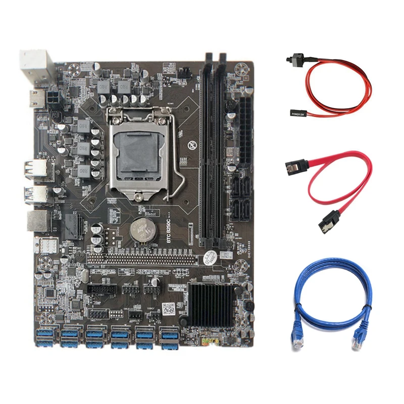 

B250C Mining Motherboard with RJ45 Network Cable+Switch Cable+SATA Cable 12 PCIE to USB3.0 GPU Slot LGA1151 Support DDR4