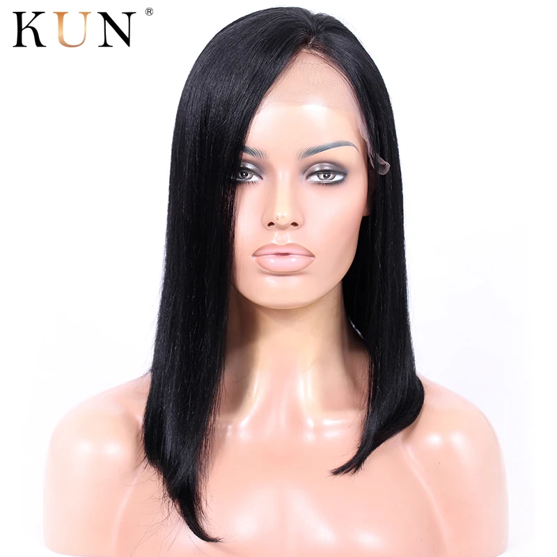 Короткие парики из натуральных волос прямые на кружеве левая часть 150%