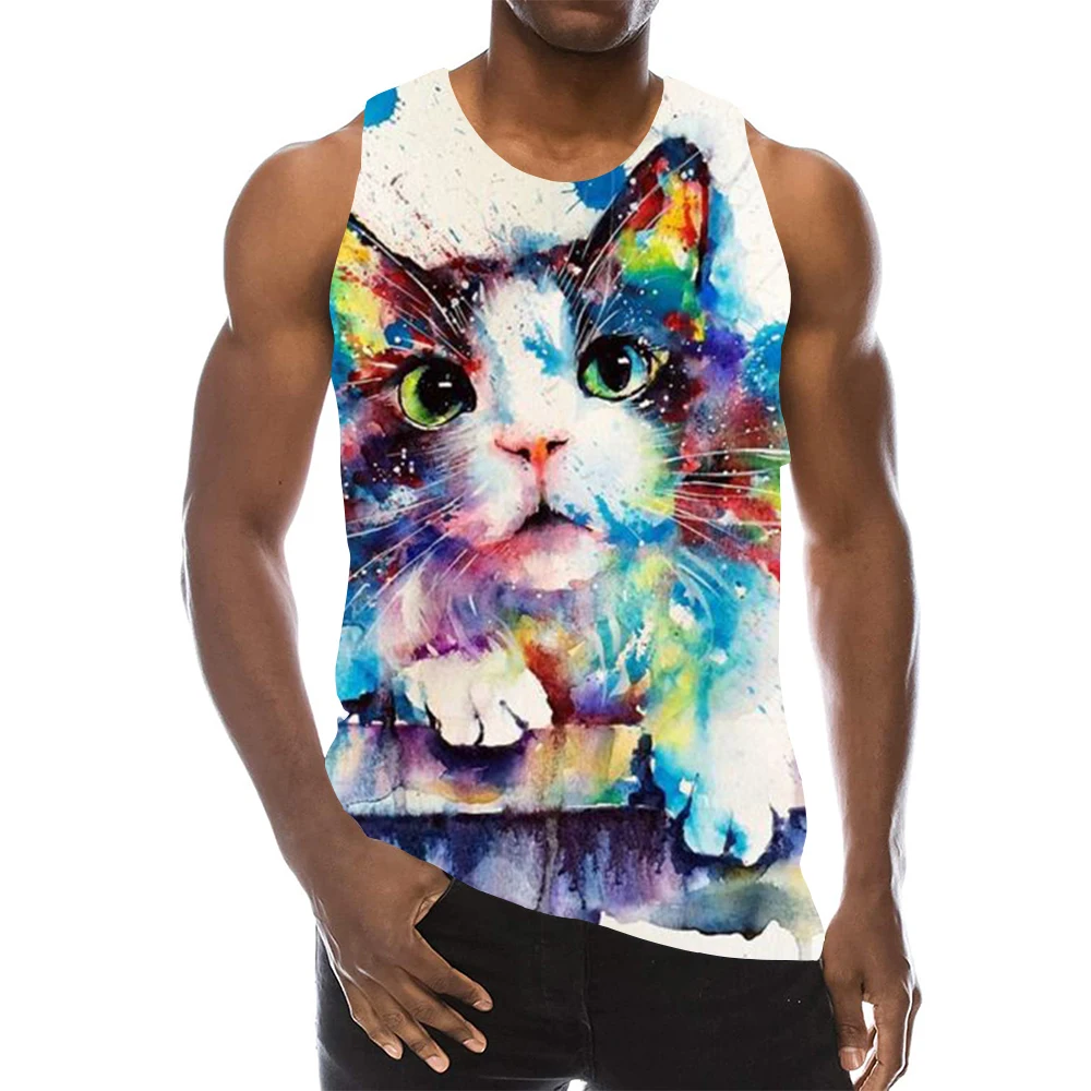 Men's Cat Graphic Sleeveless 3D Top Holiday Tees Animals Tank Tops Gym Boys Streetwear Novelty Vest