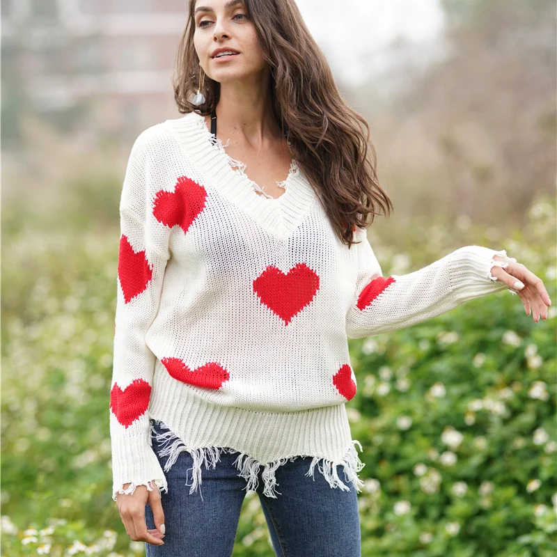 Женский свитер с v-образным вырезом и длинным рукавом сердечком дышащий топ на