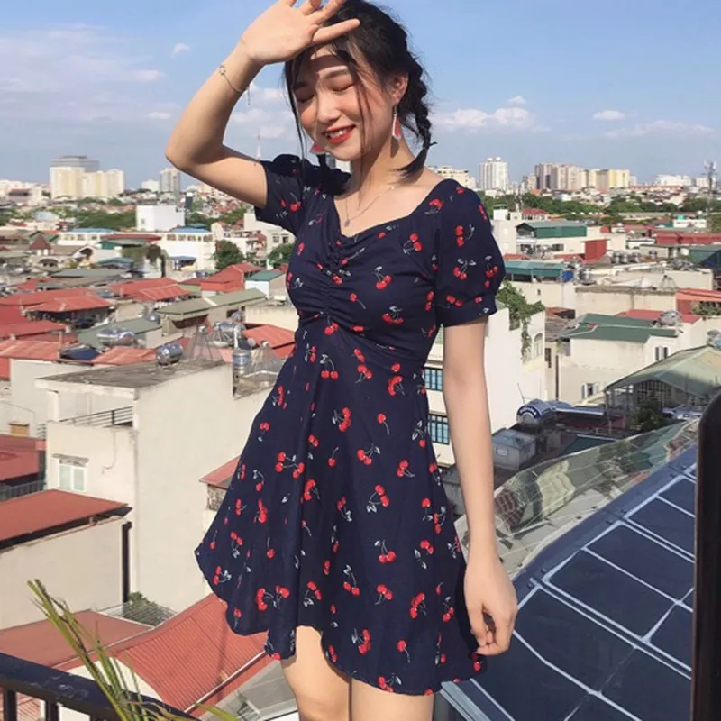 Женское платье с коротким рукавом v-образным вырезом клетчатым принтом вишни