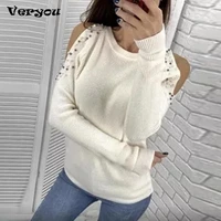 2021 autumn winter women knitted sweater long sleeved solid color beaded round neck pullover new lady bottoming sweaters