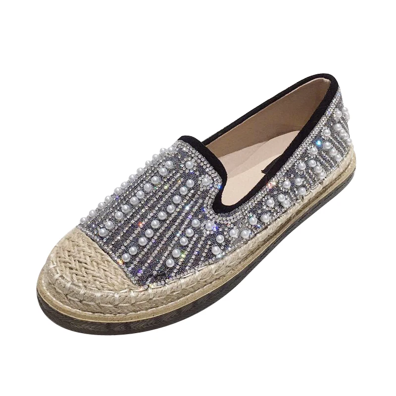 

Women Espadrilles Rhinestone Pearls Flats Crystal Loafers Autumn Spring Casual Shoes Lady Cane Moccasins Hemp Fisherman