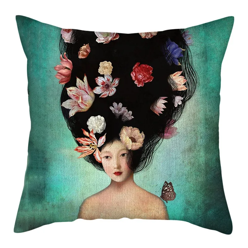 

Fuwatacchi Elegant Girl Cushion Cover Cartoon Pure Linen Pillow Cover for Home Chair Sofa Car Decorative Pillowcases 45x45cm New