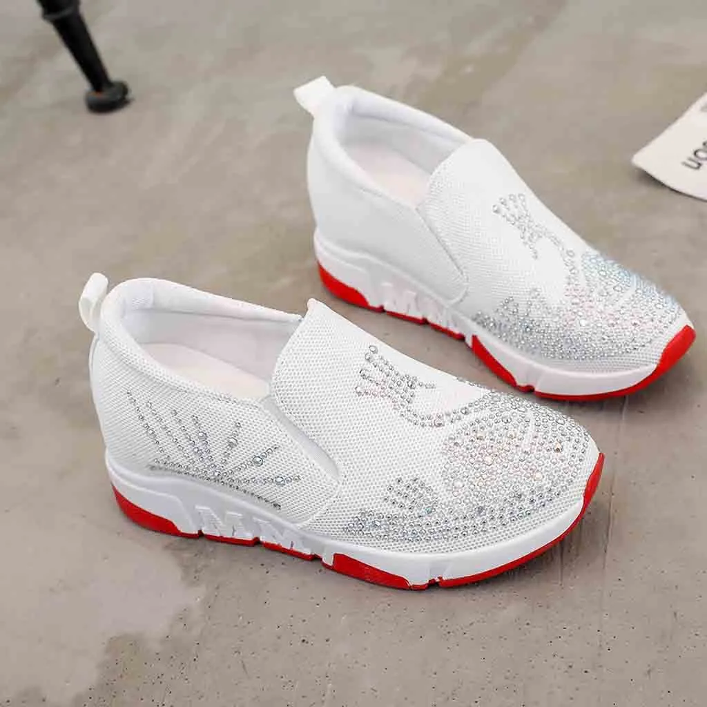 

Shoes Woman Rhinestone Mesh Breathable Leather Height Increase Round Toe Large Size Fashionable Shoes Woman Casual