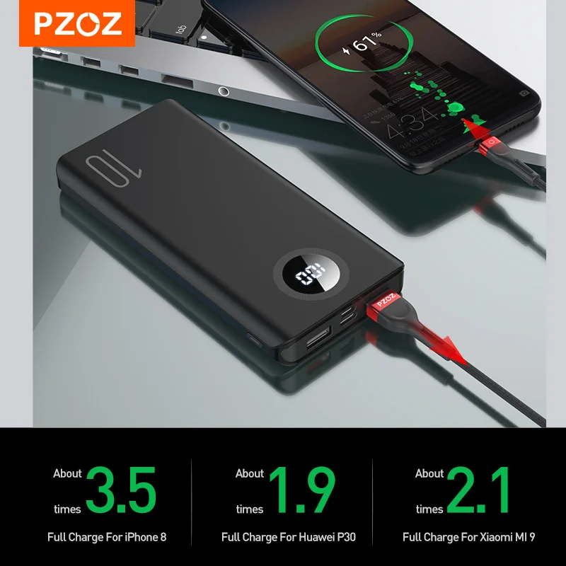 PZOZ пауэр банк 10000 мАч Мобильный телефон внешний аккумулятор 2.1A Быстрая зарядка